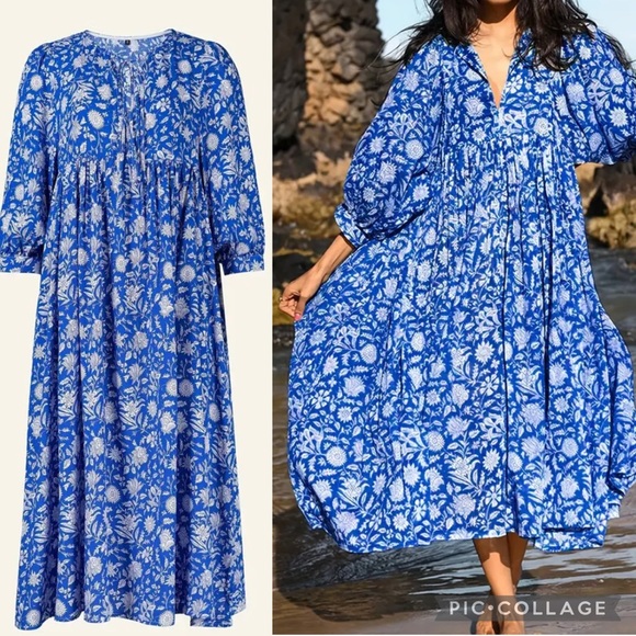 New Loose Oversized Flowy Dress Floral Boho Viscose Blue White Lantern Sleeve - Picture 1 of 15